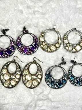 Women’s Statement Hoop Earrings with Purple, Pearl and Teal Gem Accents